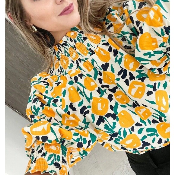 ODDY Womens Size 1XL Lemon Yellow Floral Print Blouse Puff Sleeves Spring Summer - Picture 2 of 10